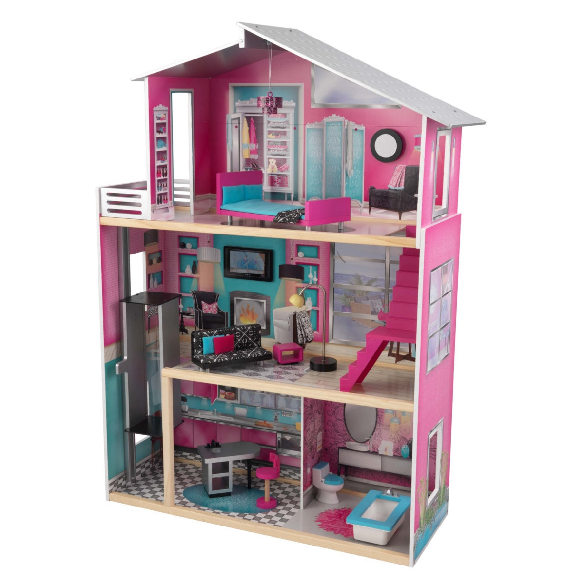 Casa Muñecas Luxury De Madera De 3 Pisos, 4 Piezas, Ascensor Y Accesorios Para Muñecas Tipo Barbie